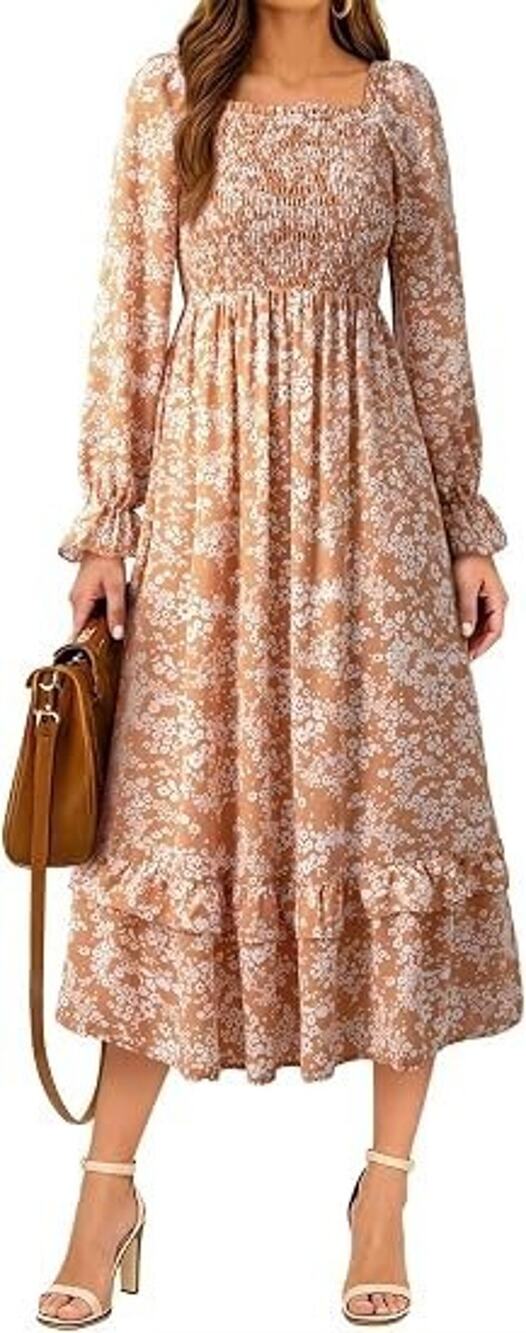 Dokotoo Women Floral Square Neck Long Sleeve Smocked Maxi Dress Yellow S New